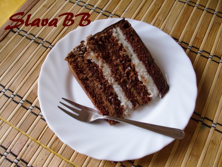 Čokoládovo-kokosová torta cesto: čokoládové plnka: parížsky krém - čokoládový, kokosová náplň